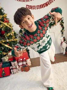 SHEIN 兒童青少年男孩休閒韓系學院風圓領長袖綠紅配色針織衫，適合通勤、上學、日常休閒外出、運動，秋冬季節，聖誕節 - 綠色 - 查看 8