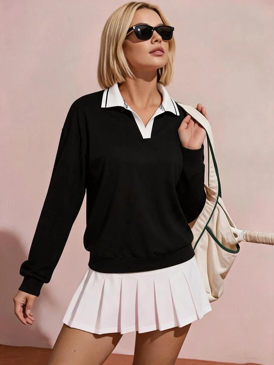 CourtClass Women's Contrast Color Polo Collar Long Sleeve Sports T-Shirt - Black - View 1