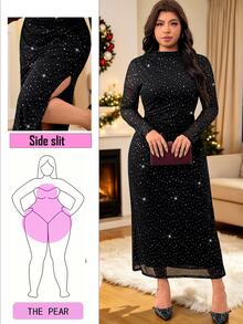 Solflare Plus Size Women's Long Sleeve Sequin Mesh Side Slit Hem Fitted Elegant Dress Fall Christmas - Black - View 2