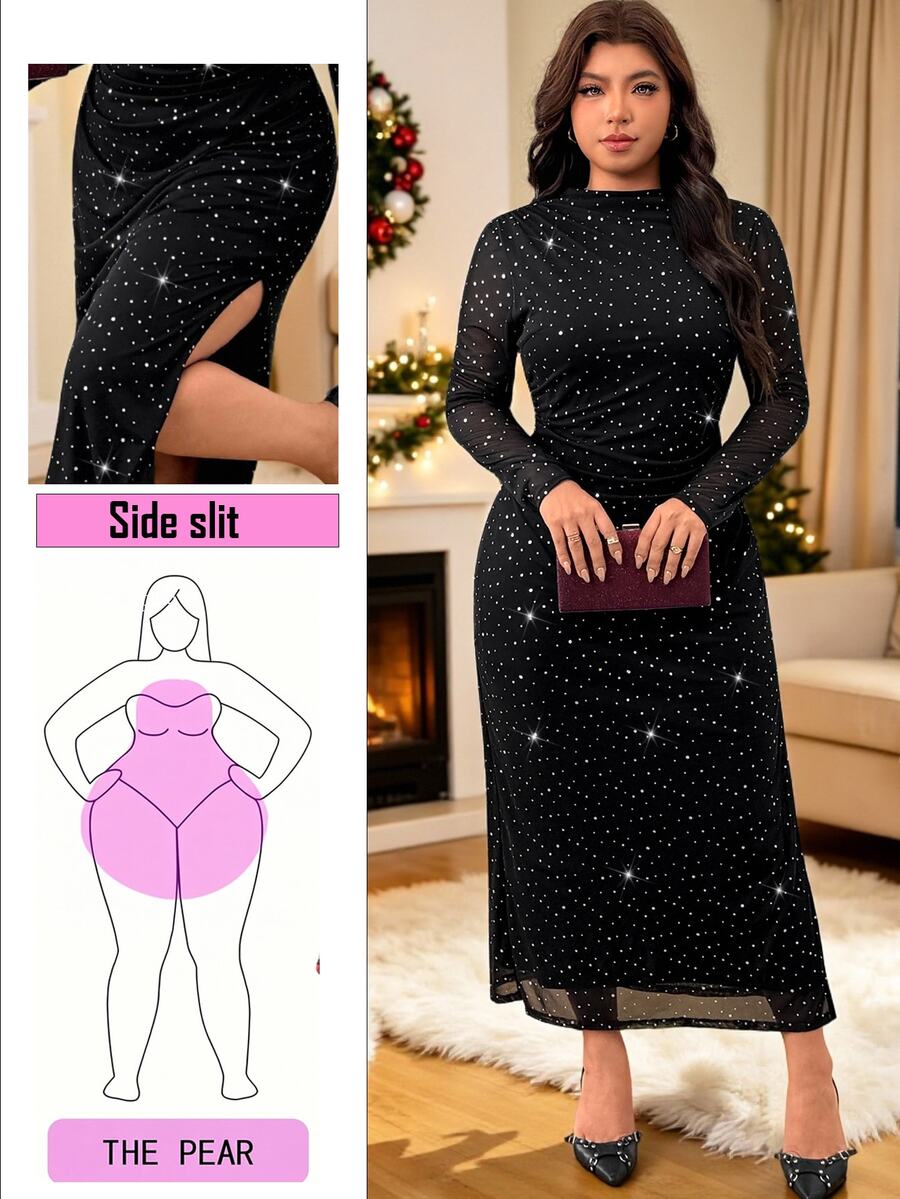 Solflare Plus Size Women's Long Sleeve Sequin Mesh Side Slit Hem Fitted Elegant Dress Fall Christmas