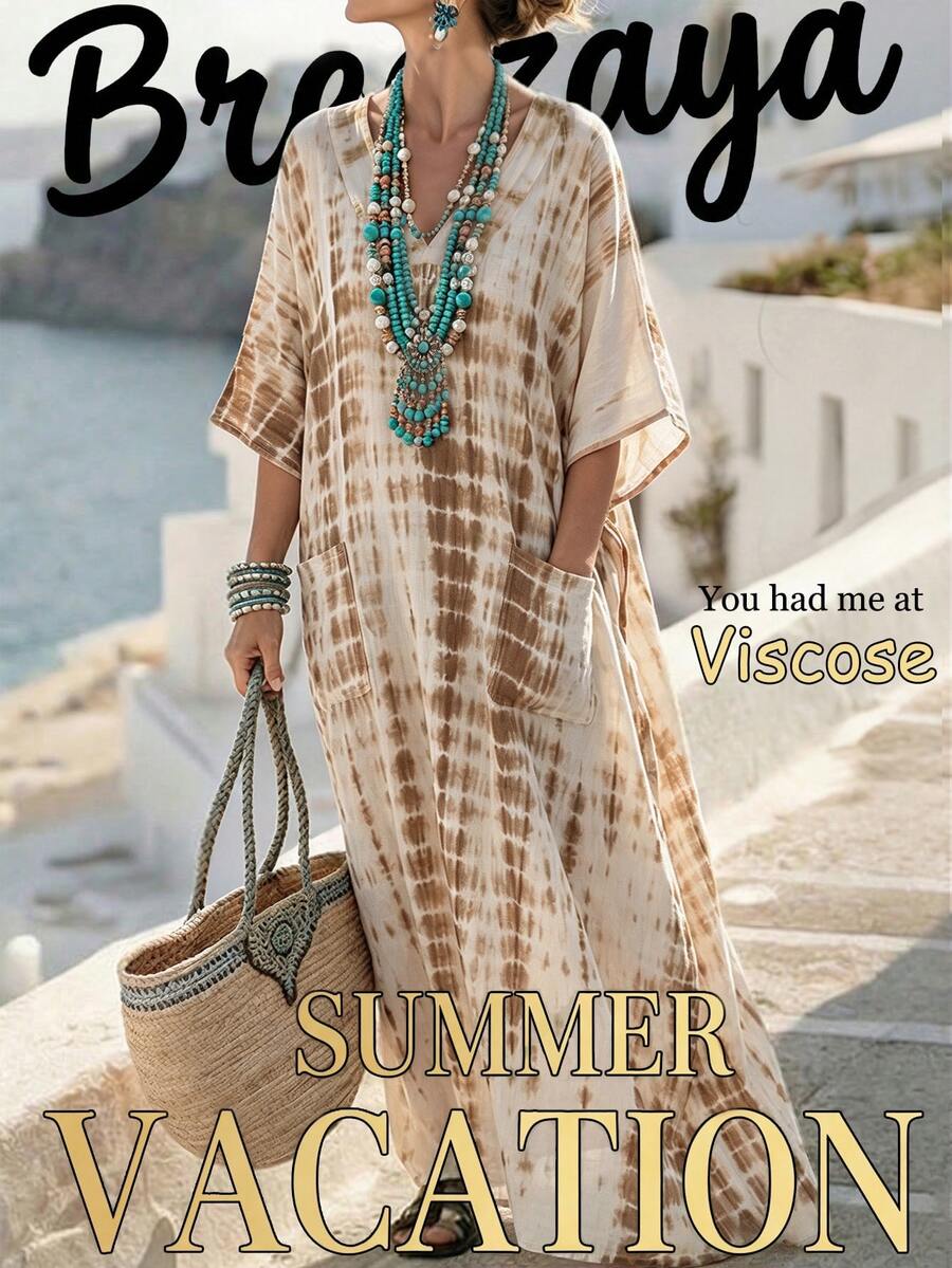 SHEIN Holidaya 女款夏季波希米亞度假沙灘卡其印花V領寬鬆休閒大口袋洋裝 沿海風沙灘洋裝