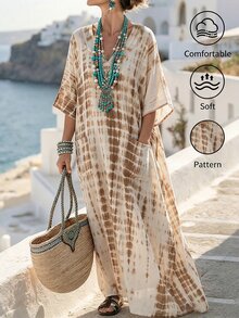 SHEIN Holidaya 女款夏季波希米亞度假沙灘卡其印花V領寬鬆休閒大口袋洋裝 沿海風沙灘洋裝 - 杏色 - 查看 8