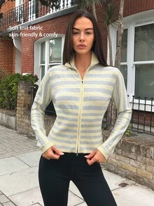 Fluxe 女款黃色條紋撞色拉鍊針織上衣,修身長袖,健身瑜伽運動跑步運動機能服 - 淡黃色 - 查看 12