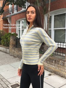 Fluxe 女款黃色條紋撞色拉鍊針織上衣,修身長袖,健身瑜伽運動跑步運動機能服 - 淡黃色 - 查看 15