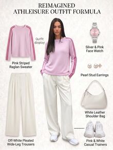 Fluxe Women Pink Striped Sleeve Knit Sweater Crew Neck Wool Blend Pullover Oversized Soft Warm Gym Top Workout Fitness Activewear - Baby Pink - View 5
