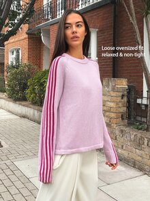 Fluxe Women Pink Striped Sleeve Knit Sweater Crew Neck Wool Blend Pullover Oversized Soft Warm Gym Top Workout Fitness Activewear - Baby Pink - View 11