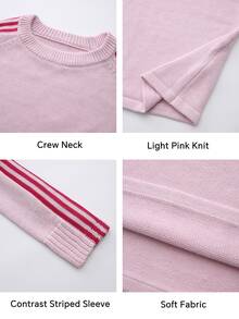 Fluxe Women Pink Striped Sleeve Knit Sweater Crew Neck Wool Blend Pullover Oversized Soft Warm Gym Top Workout Fitness Activewear - Baby Pink - View 9
