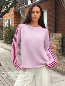 Fluxe Women Pink Striped Sleeve Knit Sweater Crew Neck Wool Blend Pullover Oversized Soft Warm Gym Top Workout Fitness Activewear - Baby Pink - View 16
