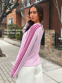 Fluxe Women Pink Striped Sleeve Knit Sweater Crew Neck Wool Blend Pullover Oversized Soft Warm Gym Top Workout Fitness Activewear - Baby Pink - View 4