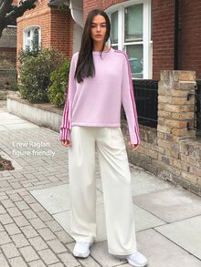 Fluxe Women Pink Striped Sleeve Knit Sweater Crew Neck Wool Blend Pullover Oversized Soft Warm Gym Top Workout Fitness Activewear - Baby Pink - View 13