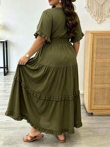 Vionelle Plus Size Women's Elegant Boho Solid Color Ruffle Short Sleeve Dress, Spring/Summer Brunch Party Vacation Wedding Guest Olive Green - Olive Green - View 3