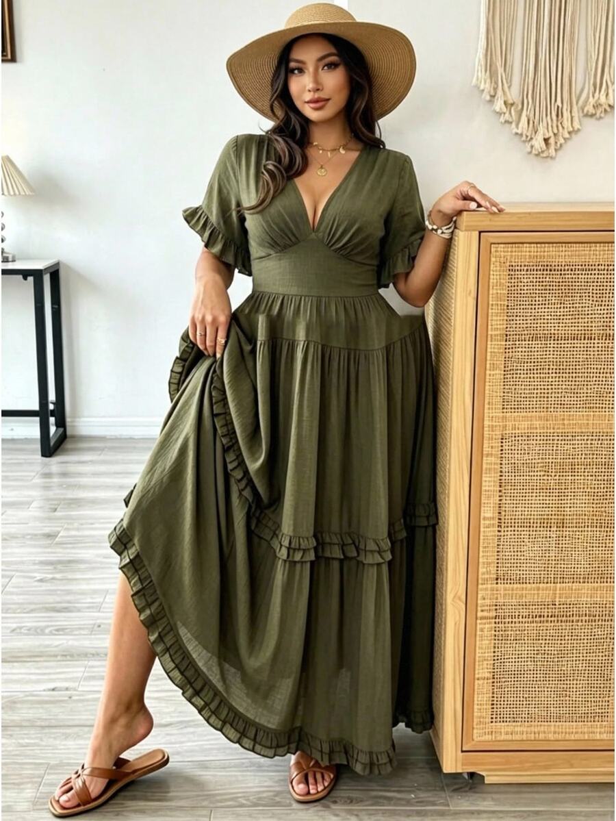 Vionelle Plus Size Women's Elegant Boho Solid Color Ruffle Short Sleeve Dress, Spring/Summer Brunch Party Vacation Wedding Guest Olive Green - Olive Green - View 1