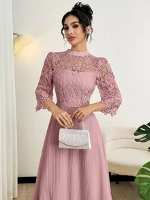 Modelyn 女士黄色镂空刺绣拼接长袖连衣裙 - 紫羅蘭色 - 查看 5