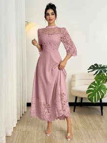 Modelyn 女士黄色镂空刺绣拼接长袖连衣裙 - 紫羅蘭色 - 查看 8
