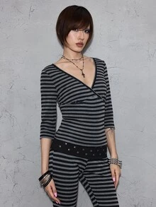 ROMWE Grunge Punk Autumn/Winter Grunge Vintage Black & Grey Striped V-Neck Mid-Sleeve Fitted Base Layer Top - Multicolor - View 5
