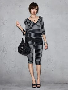 ROMWE Grunge Punk Autumn/Winter Grunge Vintage Black & Grey Striped V-Neck Mid-Sleeve Fitted Base Layer Top - Multicolor - View 3
