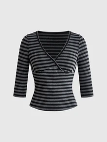 ROMWE Grunge Punk Autumn/Winter Grunge Vintage Black & Grey Striped V-Neck Mid-Sleeve Fitted Base Layer Top - Multicolor - View 2