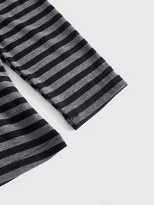 ROMWE Grunge Punk Autumn/Winter Grunge Vintage Black & Grey Striped V-Neck Mid-Sleeve Fitted Base Layer Top - Multicolor - View 8