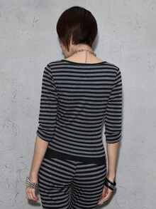 ROMWE Grunge Punk Autumn/Winter Grunge Vintage Black & Grey Striped V-Neck Mid-Sleeve Fitted Base Layer Top - Multicolor - View 6