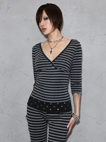 ROMWE Grunge Punk Autumn/Winter Grunge Vintage Black & Grey Striped V-Neck Mid-Sleeve Fitted Base Layer Top - Multicolor - View 4