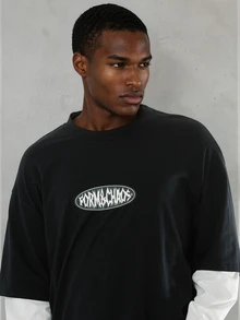 FORM&CHAOS Áo thun nam phong cách streetwear thường ngày 2 trong 1 phối lớp cho mùa thu, mặc đi chơi du lịch, màu đen trắng - Đen và trắng - Xem 7