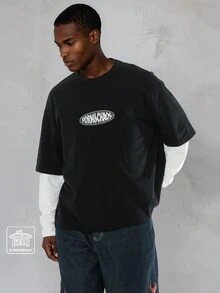 FORM&CHAOS Áo thun nam phong cách streetwear thường ngày 2 trong 1 phối lớp cho mùa thu, mặc đi chơi du lịch, màu đen trắng - Đen và trắng - Xem 1