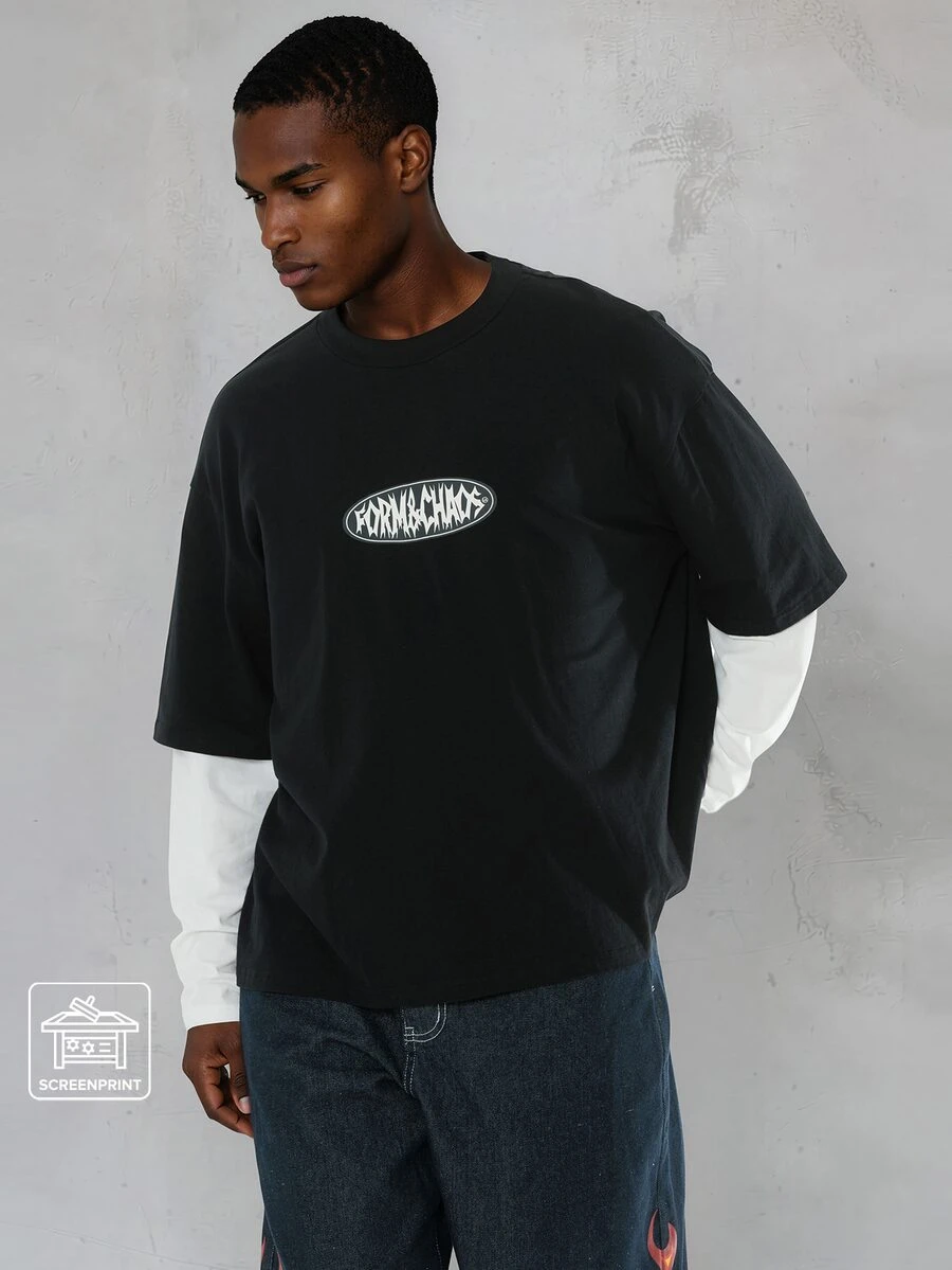 FORM&CHAOS Áo thun nam phong cách streetwear thường ngày 2 trong 1 phối lớp cho mùa thu, mặc đi chơi du lịch, màu đen trắng - Đen và trắng - Xem 1
