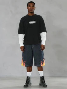 FORM&CHAOS Áo thun nam phong cách streetwear thường ngày 2 trong 1 phối lớp cho mùa thu, mặc đi chơi du lịch, màu đen trắng - Đen và trắng - Xem 3