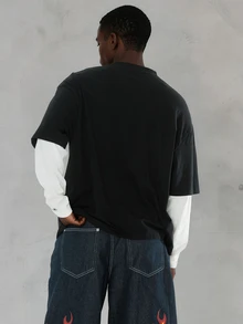 FORM&CHAOS Áo thun nam phong cách streetwear thường ngày 2 trong 1 phối lớp cho mùa thu, mặc đi chơi du lịch, màu đen trắng - Đen và trắng - Xem 2