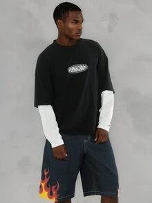 FORM&CHAOS Áo thun nam phong cách streetwear thường ngày 2 trong 1 phối lớp cho mùa thu, mặc đi chơi du lịch, màu đen trắng - Đen và trắng - Xem 5