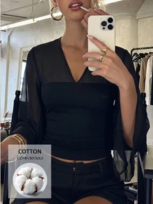 Opulessa Women's Solid Color Contrast Mesh Flare Sleeve Fashion Top - White - View 1