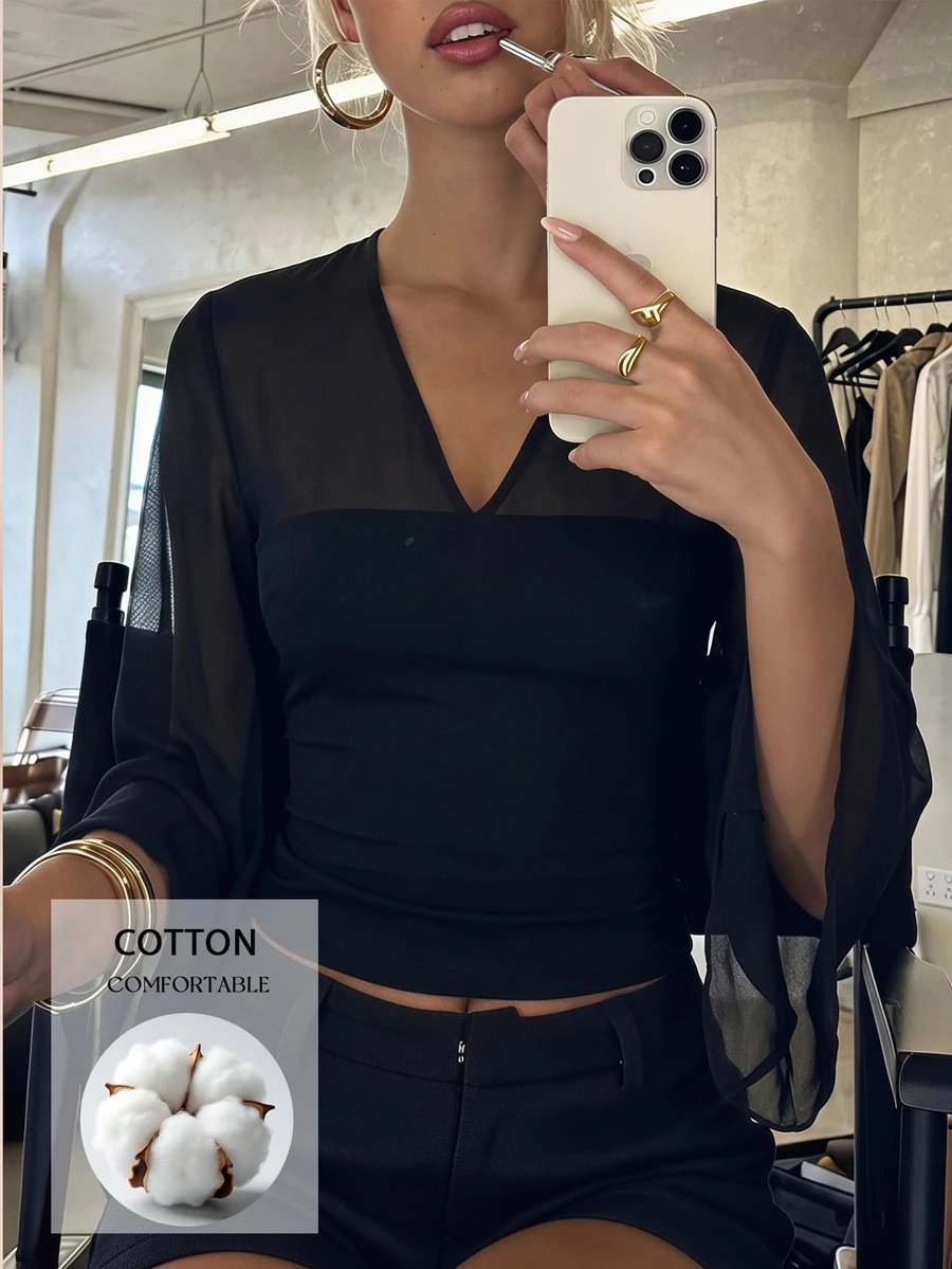 Opulessa Women's Solid Color Contrast Mesh Flare Sleeve Fashion Top - White - View 1