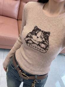 DAZY Women's Cartoon Cat Print Crew Neck Long Sleeve Slim Fit T-Shirt Graphic Tees Cute Tops - Khaki - View 4