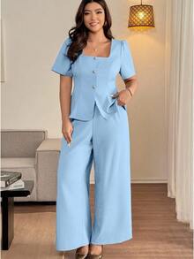 Vionelle Plus Size Woven French Collar Petal Sleeve Cinched Waist Straight Leg Pants 2 Pieces Set Teachers' Day Formal Brunch Baby Blue Summer Casual Elegant - Baby Blue - View 1