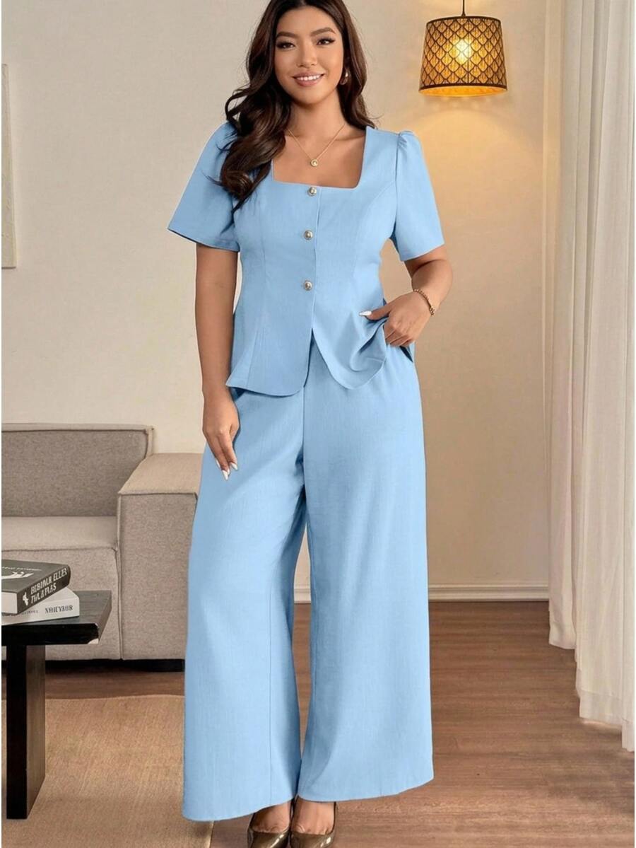 Vionelle Plus Size Woven French Collar Petal Sleeve Cinched Waist Straight Leg Pants 2 Pieces Set Teachers' Day Formal Brunch Baby Blue Summer Casual Elegant - Baby Blue - View 1