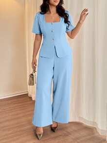 Vionelle Plus Size Woven French Collar Petal Sleeve Cinched Waist Straight Leg Pants 2 Pieces Set Teachers' Day Formal Brunch Baby Blue Summer Casual Elegant - Baby Blue - View 4