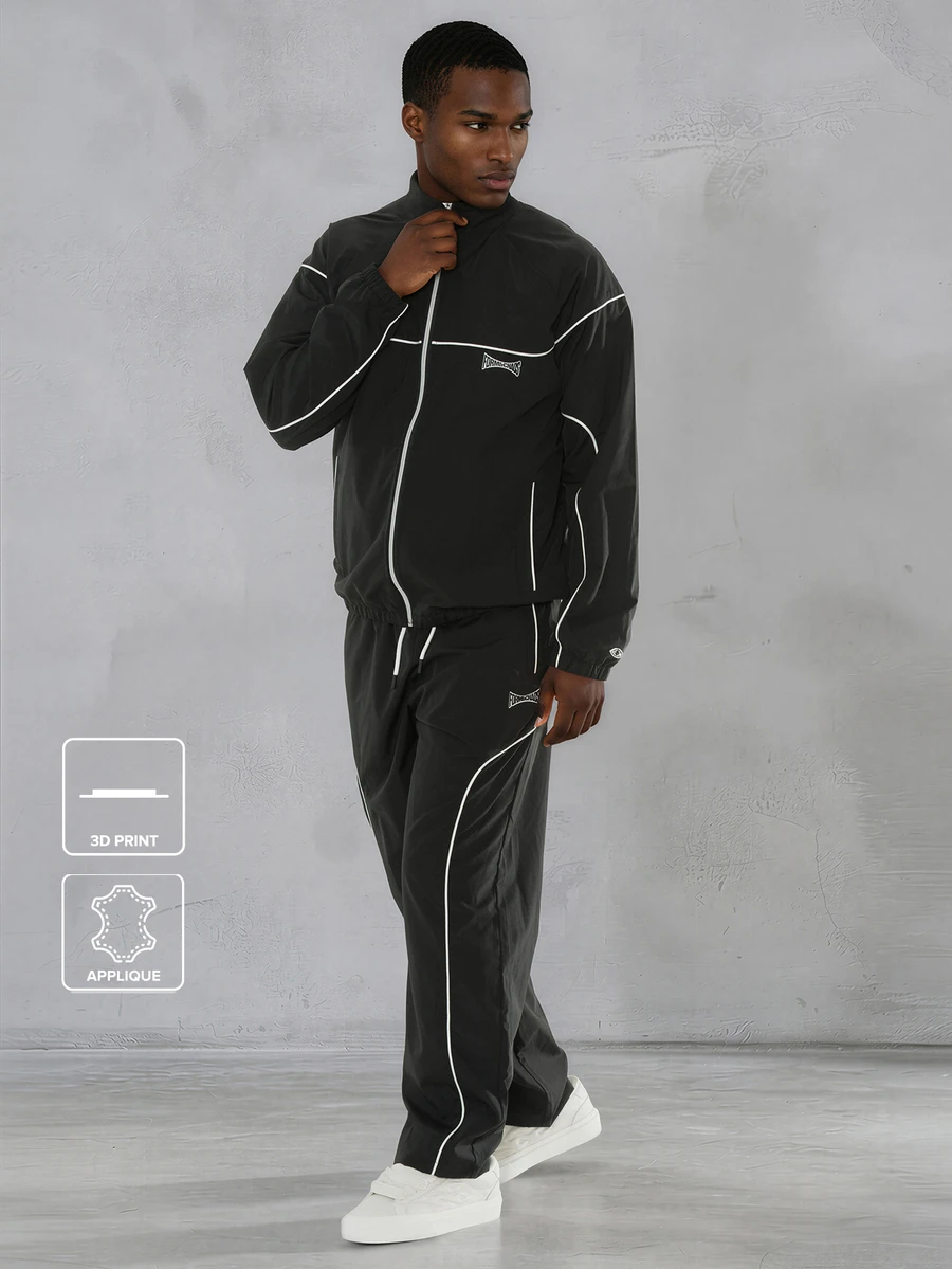 FORM&CHAOS Men's Autumn Colorblock Patchwork Striped Thick Jacket And Pants Casual Sports Set - Black and White - View 1