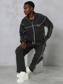 FORM&CHAOS Men's Autumn Colorblock Patchwork Striped Thick Jacket And Pants Casual Sports Set - Black and White - View 7