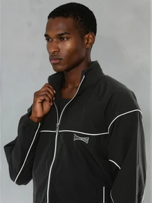 FORM&CHAOS Men's Autumn Colorblock Patchwork Striped Thick Jacket And Pants Casual Sports Set - Black and White - View 5