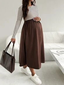 SHEIN Maternity Patchwork Striped Round Neck Long Sleeve Casual Dress Fall - Brown - View 5