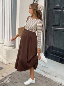 SHEIN Maternity Patchwork Striped Round Neck Long Sleeve Casual Dress Fall - Brown - View 1