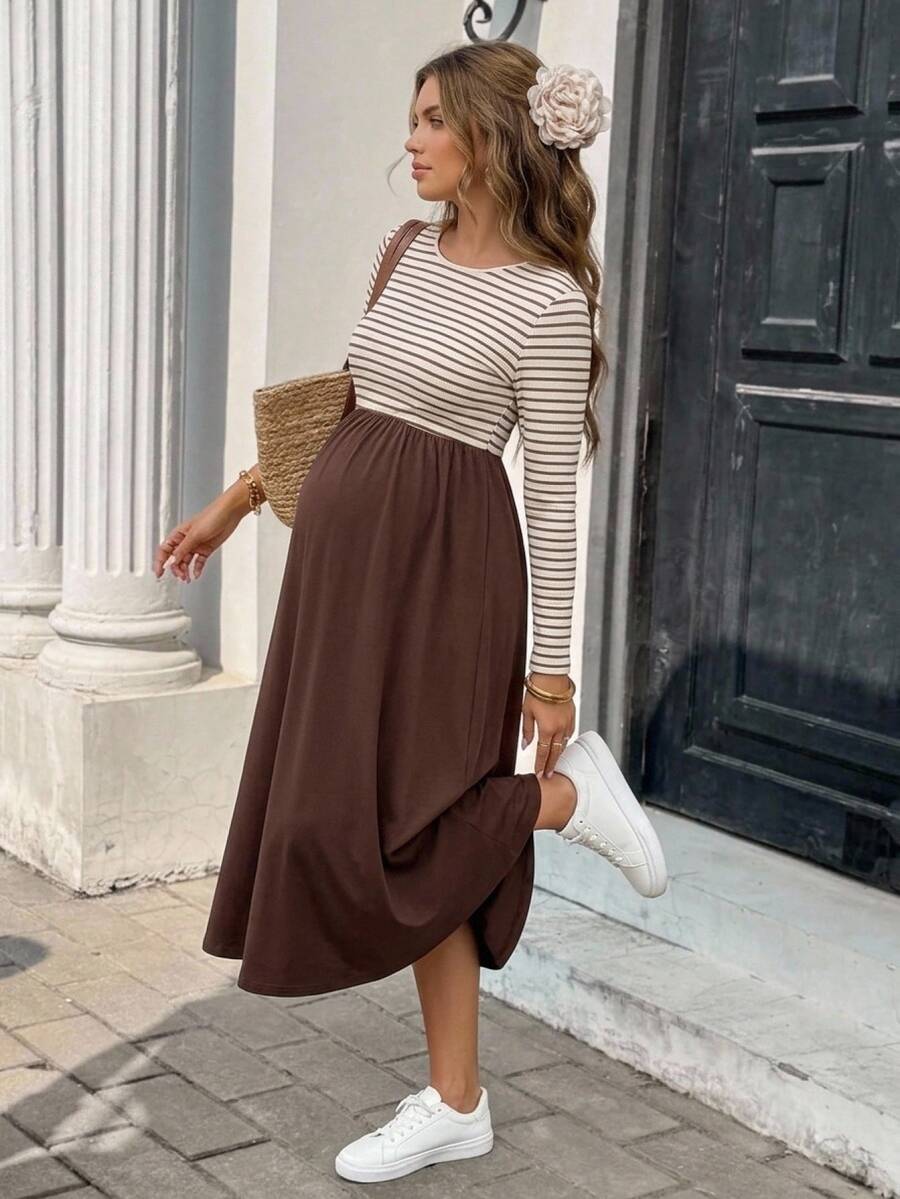SHEIN Maternity Patchwork Striped Round Neck Long Sleeve Casual Dress Fall - Brown - View 1