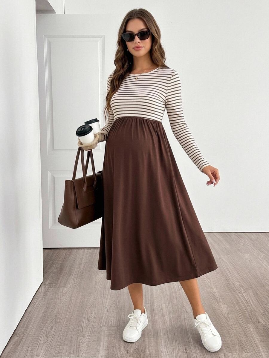 SHEIN Maternity Patchwork Striped Round Neck Long Sleeve Casual Dress Fall - Brown - View 1