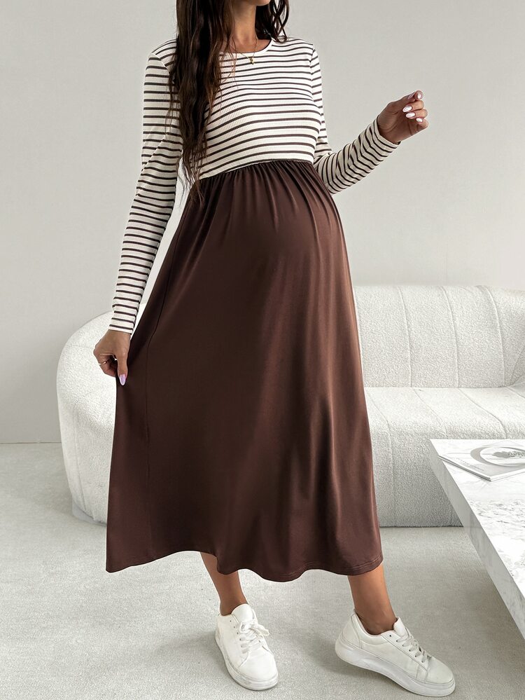 SHEIN Maternity Patchwork Striped Round Neck Long Sleeve Casual Dress Fall - Brown - View 4