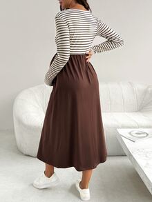 SHEIN Maternity Patchwork Striped Round Neck Long Sleeve Casual Dress Fall - Brown - View 9