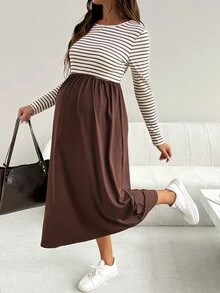 SHEIN Maternity Patchwork Striped Round Neck Long Sleeve Casual Dress Fall - Brown - View 8
