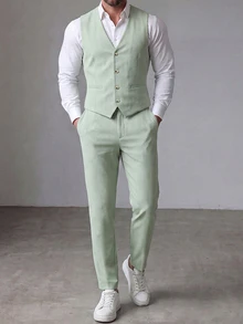 Manfinity Mode 男士純色西裝背心與長褲套裝 婚禮正裝套裝 儀式用 鼠尾草綠 秋季優雅老錢風 - 綠色 - 查看 6