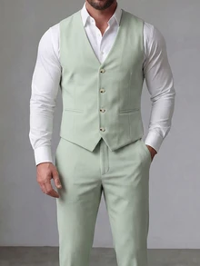 Manfinity Mode 男士純色西裝背心與長褲套裝 婚禮正裝套裝 儀式用 鼠尾草綠 秋季優雅老錢風 - 綠色 - 查看 3