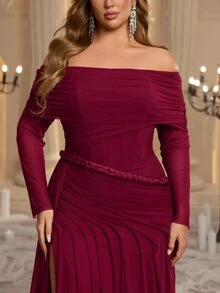 Glamrae Đầm dạ hội nữ size lớn sang trọng cao cấp màu đỏ rượu vang, hở vai, dây xoắn, vải lưới, thiết kế nhún, xẻ tà, đuôi cá, phù hợp cho lễ hội, đám cưới, dạ tiệc, hòa nhạc, tiệc chiêu đãi doanh nghiệp, sự kiện người nổi tiếng, đầm dạ hội nữ gia công tỉ mỉ - Màu Đỏ Sâu - Xem 8