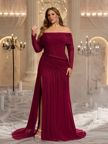 Glamrae Đầm dạ hội nữ size lớn sang trọng cao cấp màu đỏ rượu vang, hở vai, dây xoắn, vải lưới, thiết kế nhún, xẻ tà, đuôi cá, phù hợp cho lễ hội, đám cưới, dạ tiệc, hòa nhạc, tiệc chiêu đãi doanh nghiệp, sự kiện người nổi tiếng, đầm dạ hội nữ gia công tỉ mỉ - Màu Đỏ Sâu - Xem 7